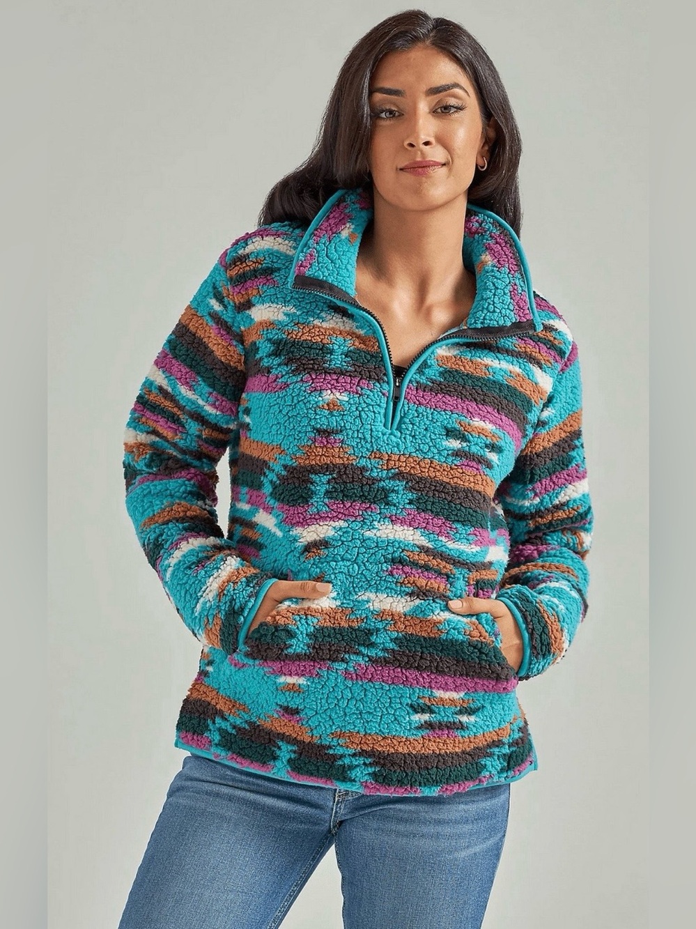 Wrangler Retro Punchy Blue Teal Qtr zip Sherpa Pullover Ladies Sweatshirt Sz Sm